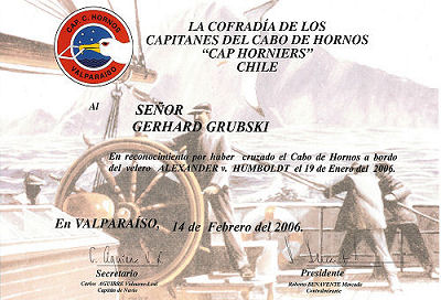 Die von Sr. Roberto Benavente Mercado - Contralmirante - Presidente Cap-Horniers de Chile überreichte Urkunde